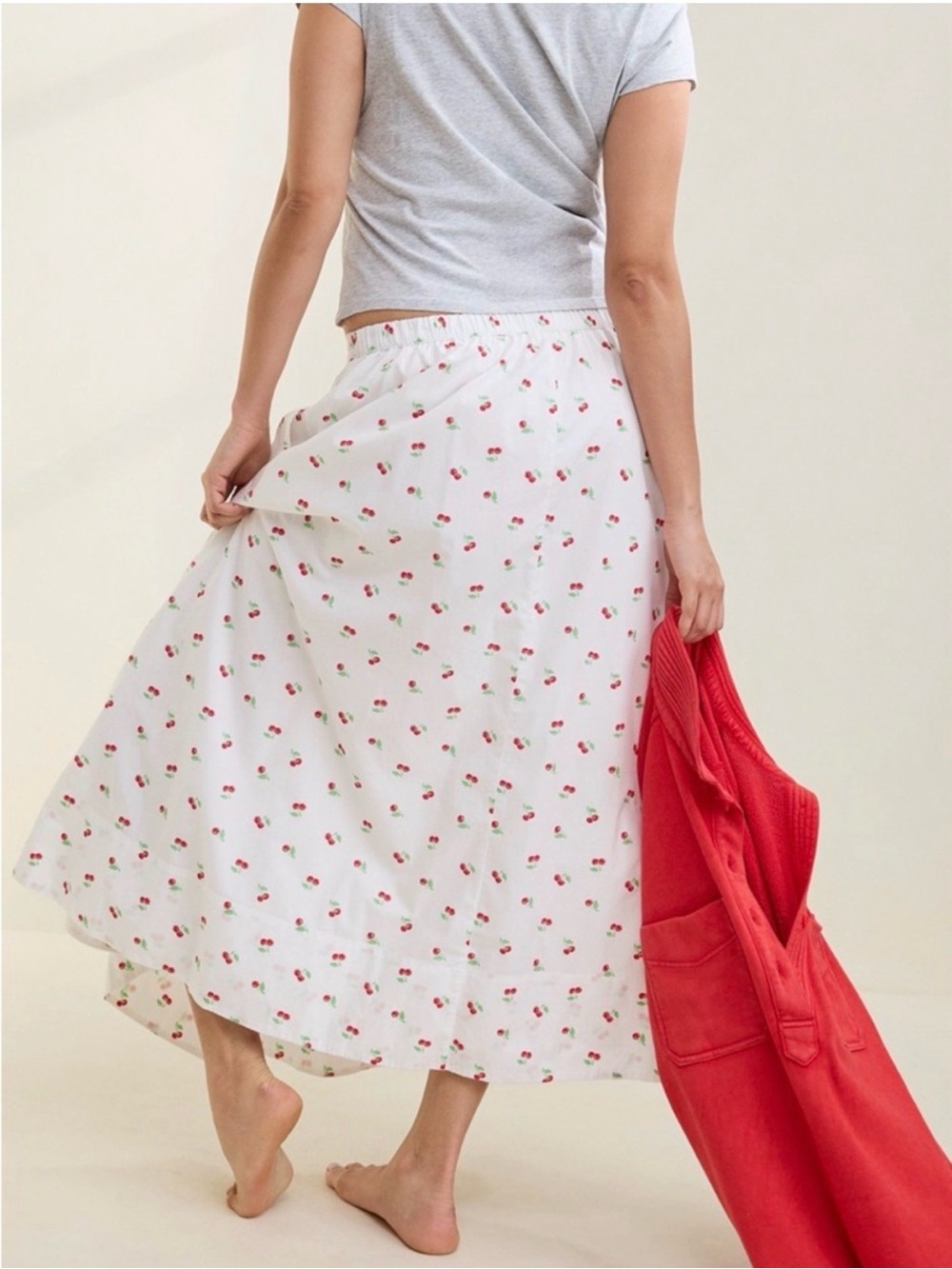 aerie White Maxi Skirt with Red Cherry Print